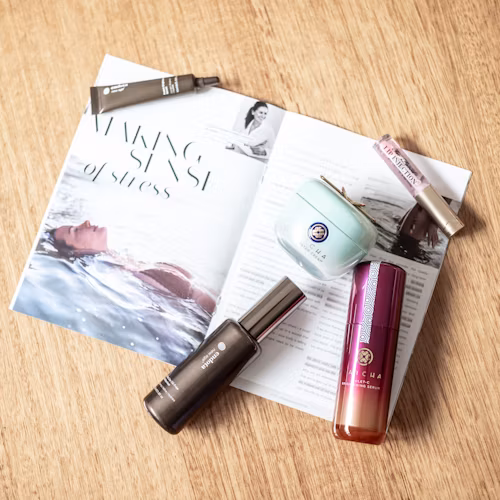 Beauty flat lay of skincare and makeup